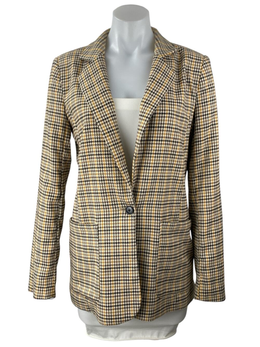 Vila Beige Plaid Tweed Collared Long Sleeve Pockets Blazer Coat Jacket Size 36